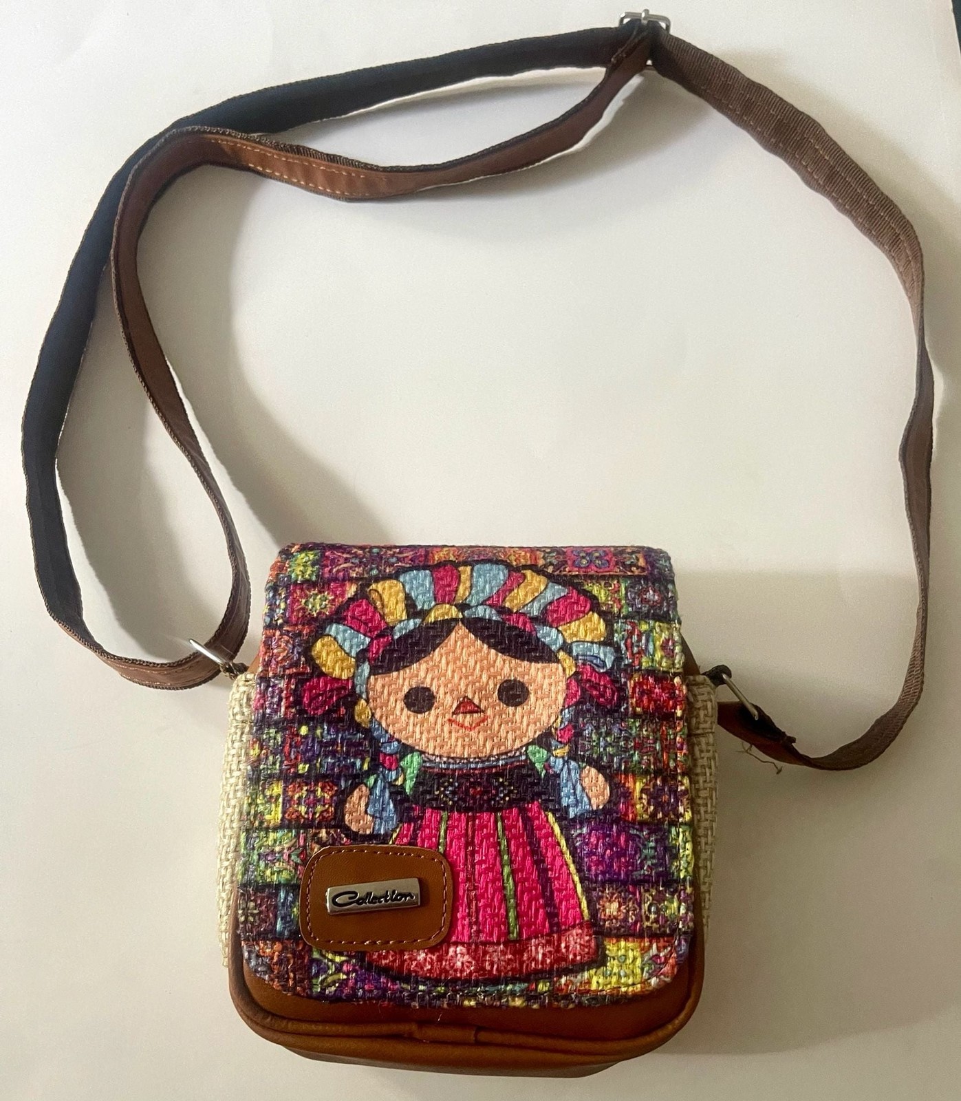 Mexican Artesanal Doll Motif Crossbody Bag with Faux Leather Trim