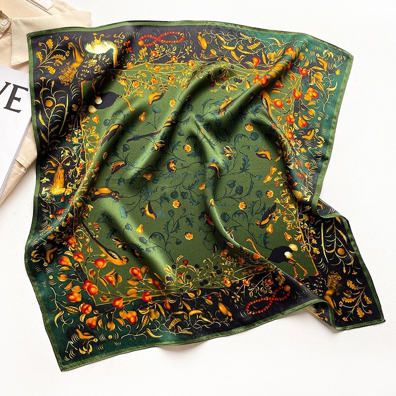 100% Mulberry Silk 20″ Square Scarf Women neckerchief Wrap Birds Print Green