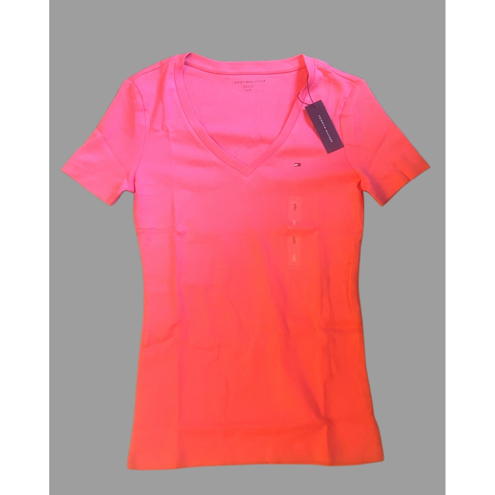 Tommy Hilfiger V-Neck T-Shirt Tee Womens S Pink New Short Sleeve Logo Casual