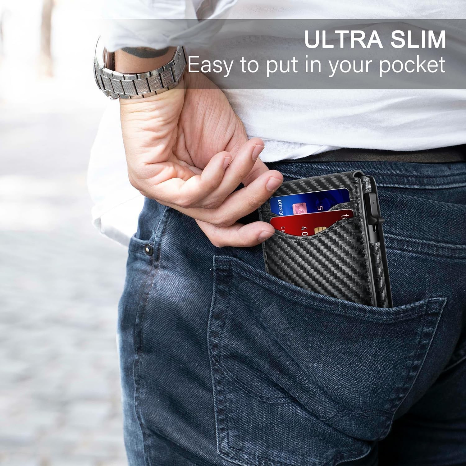 Men’s Slim PopUp Bifold Carbon Fiber Wallet, RFID Blocking, Money Clip, Men Gift