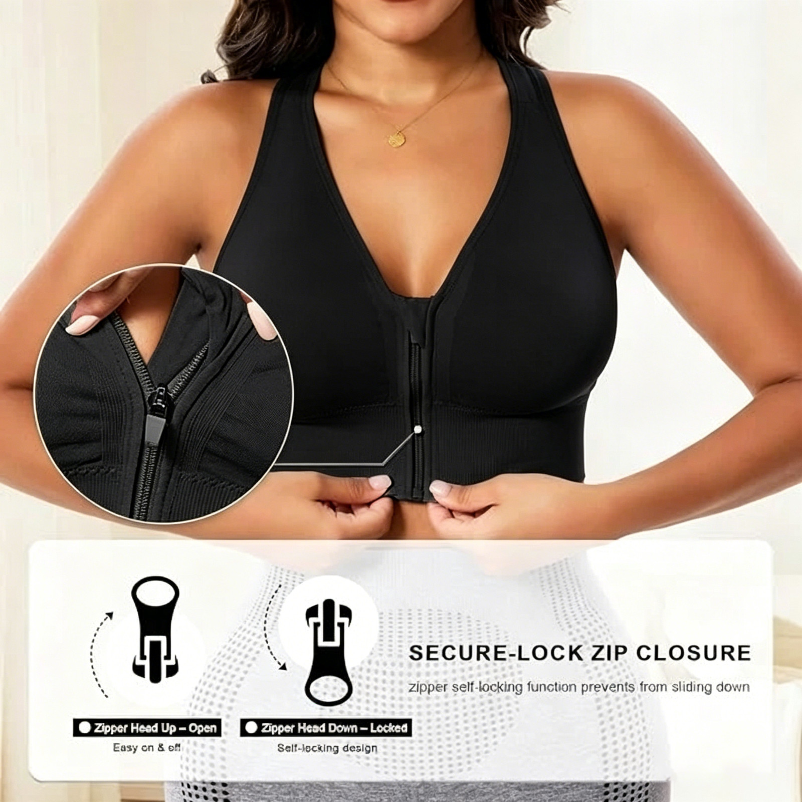 Front Zip Sports Bra Racerback High Support Wireless Fitness Bralette