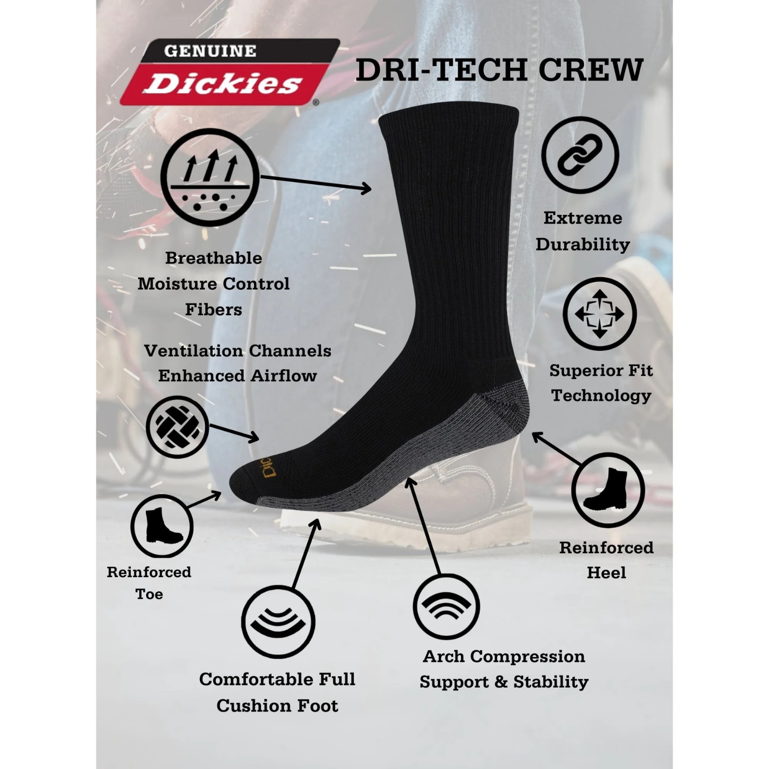 6 Pack Genuine Dickies Mens Dritech Crew Socks Moisture Control Black Size 6-12