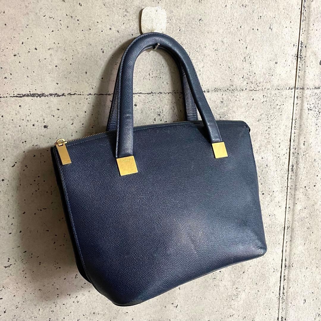 CELINE Authentic Vintage Navy Leather Tote Handbag Gold Logo Zip Top Bag