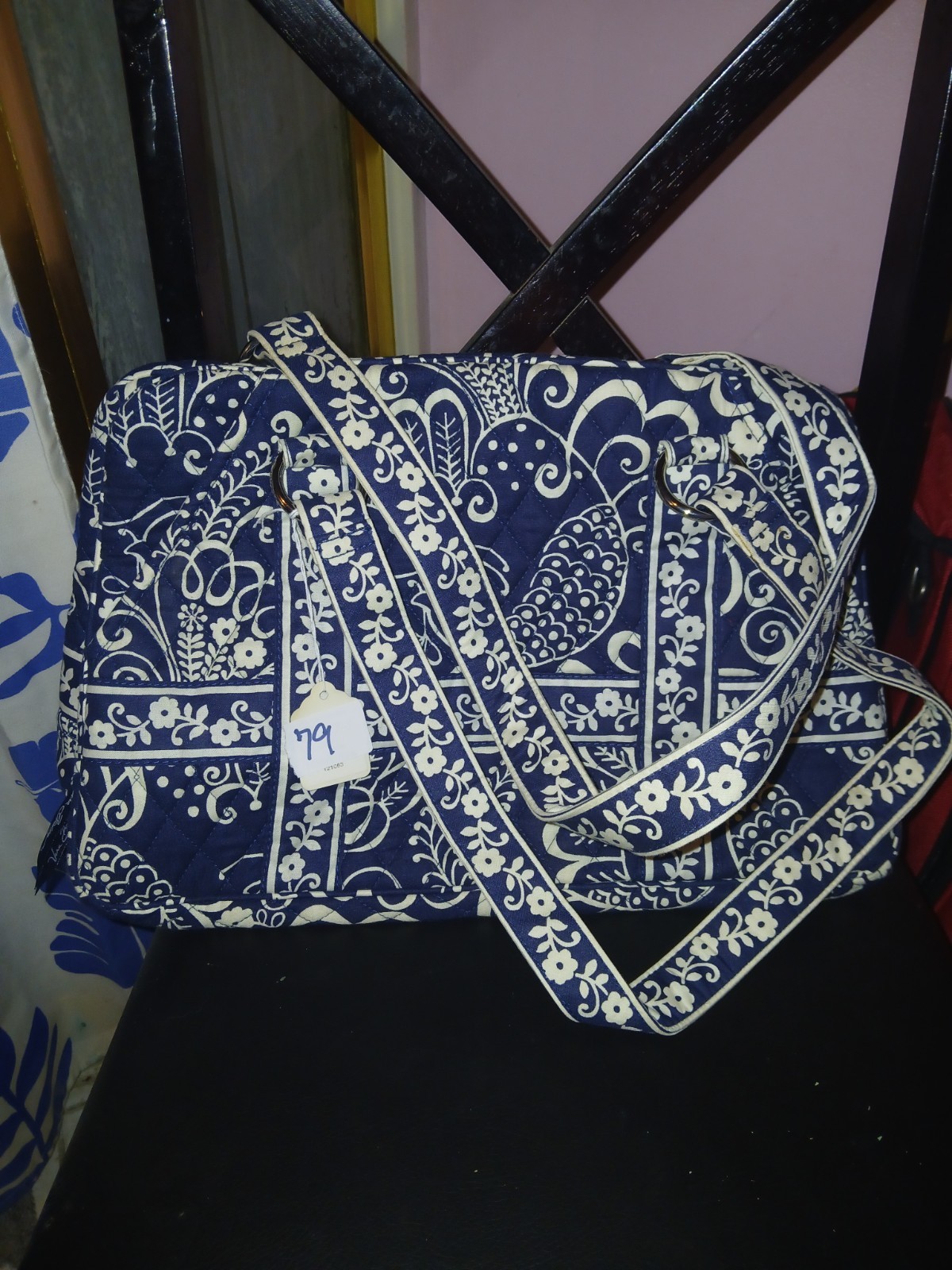 Vera Bradley Women’s Blue/White Floral Shoulder Bag, Zip Closure, Inner Pockets