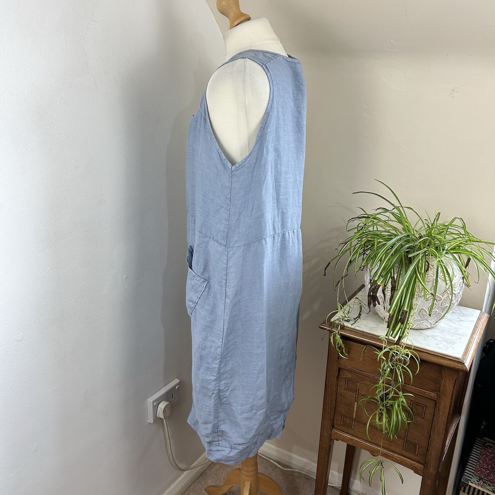 Carina Ricci Linen Dress UK 10 Blue Relaxed Fit Balloon Style Pockets Minimalist