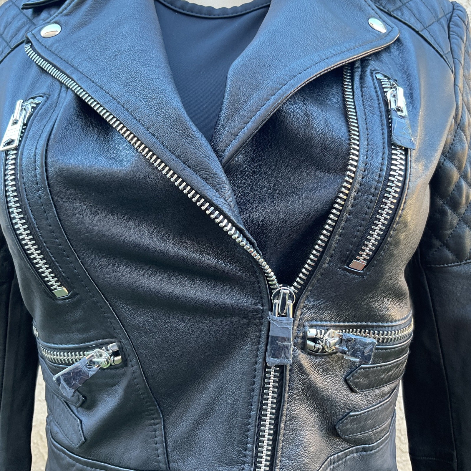 AllSaints Black Leather Moto Biker Jacket NWT Quilted Cropped Women US 2