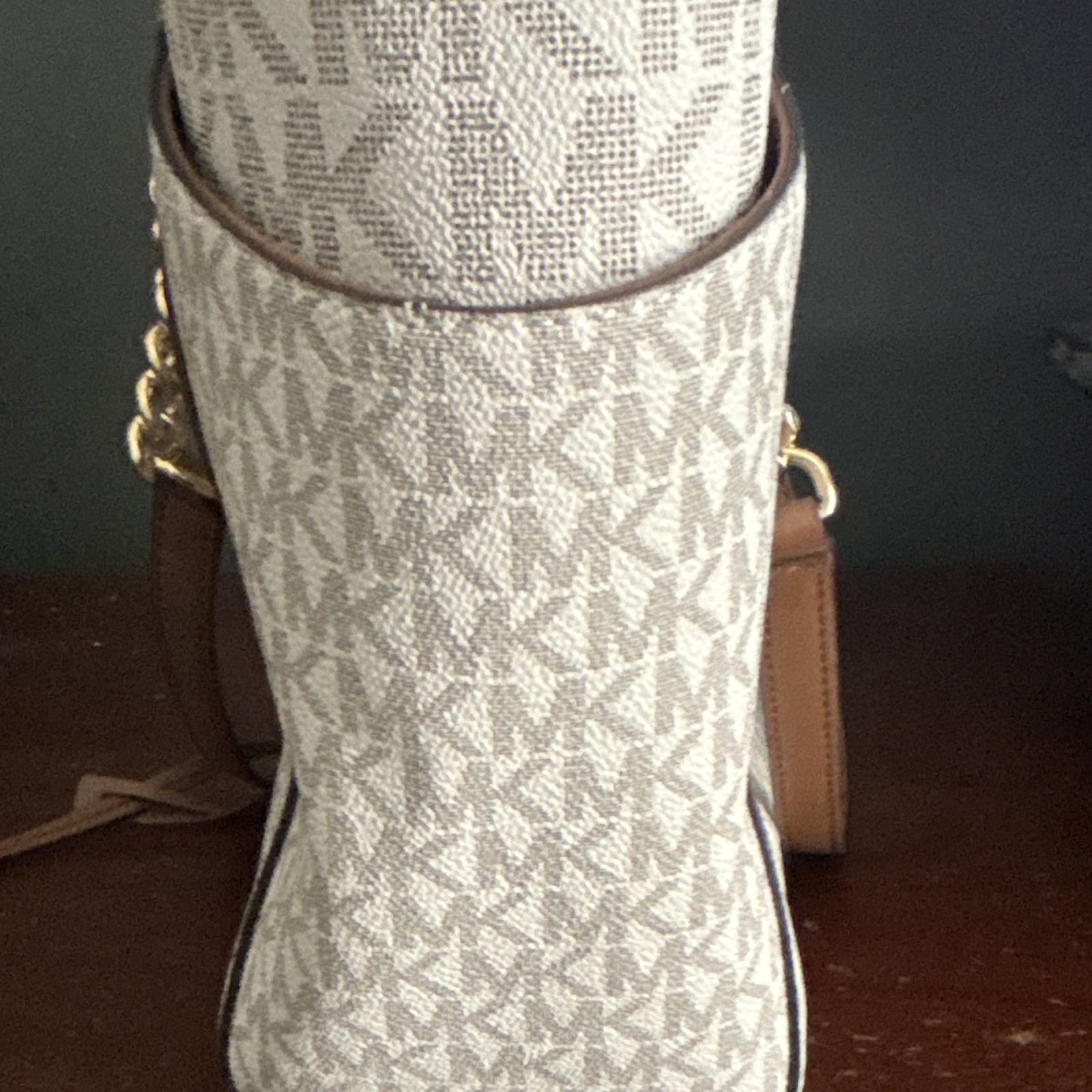 Michael Kors Jet Set Large Logo Tote Zip Beige Brown Gold Chain Detach Strap