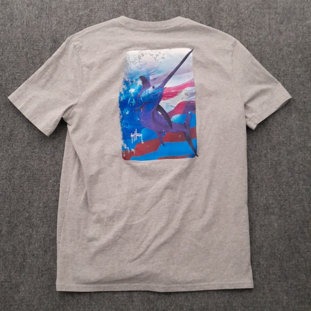 Guy Harvey T Shirt Mens Large Gray Marlin Flag Graphic Fishing Outdoors Beach