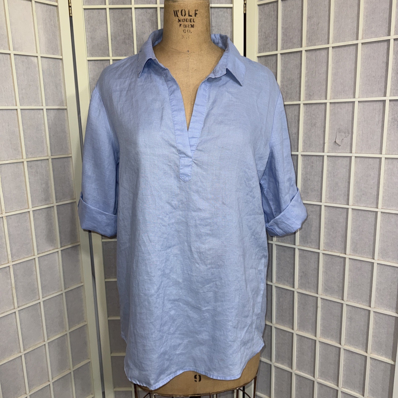 Go Fish Designer Luxury 100% Linen Blue Minimalist Casual Blouse Size Medium