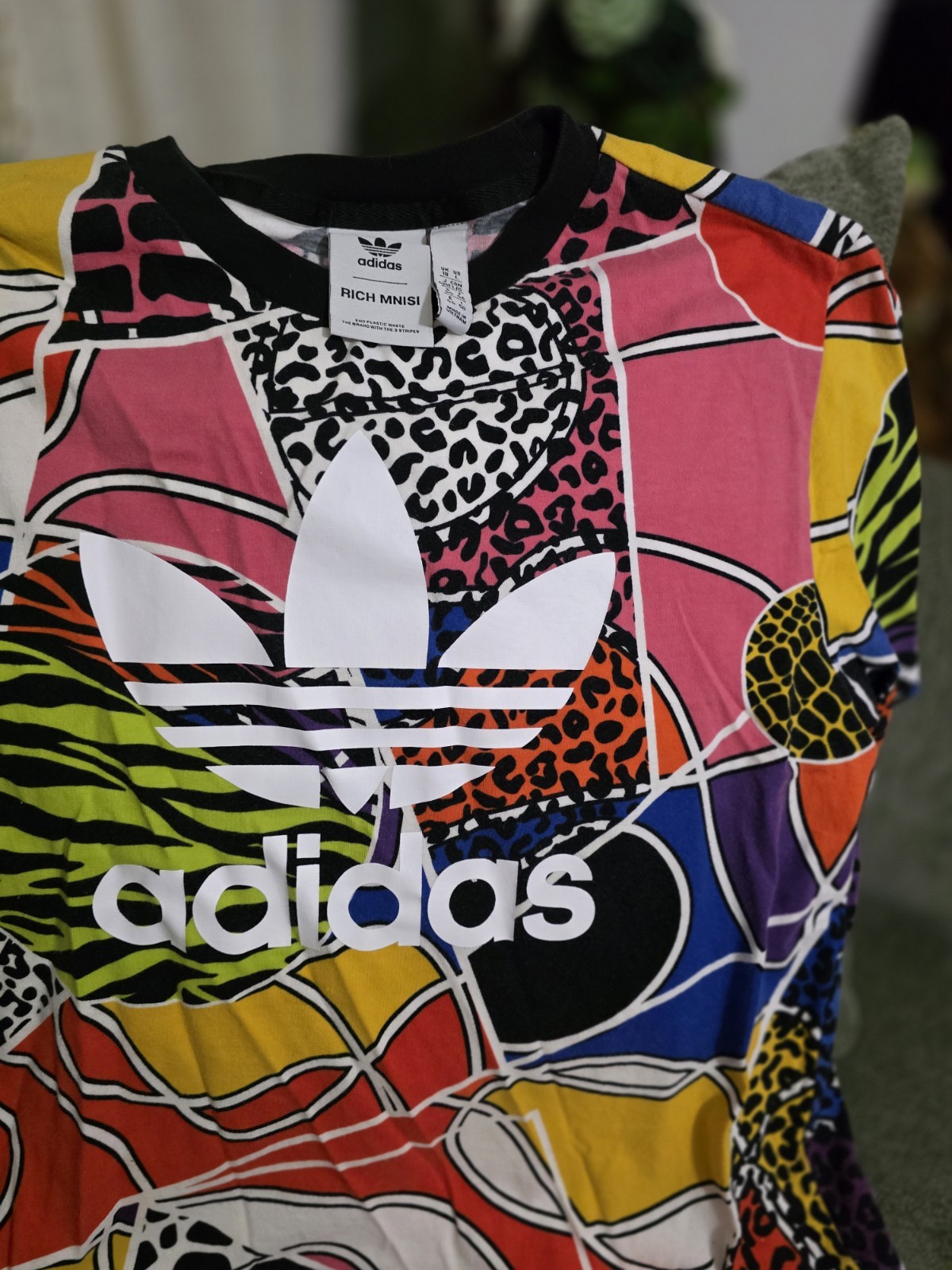Adidas Shirt Women Large Multicolor Rich Mnisi Animal Print Allover Trefoil Logo