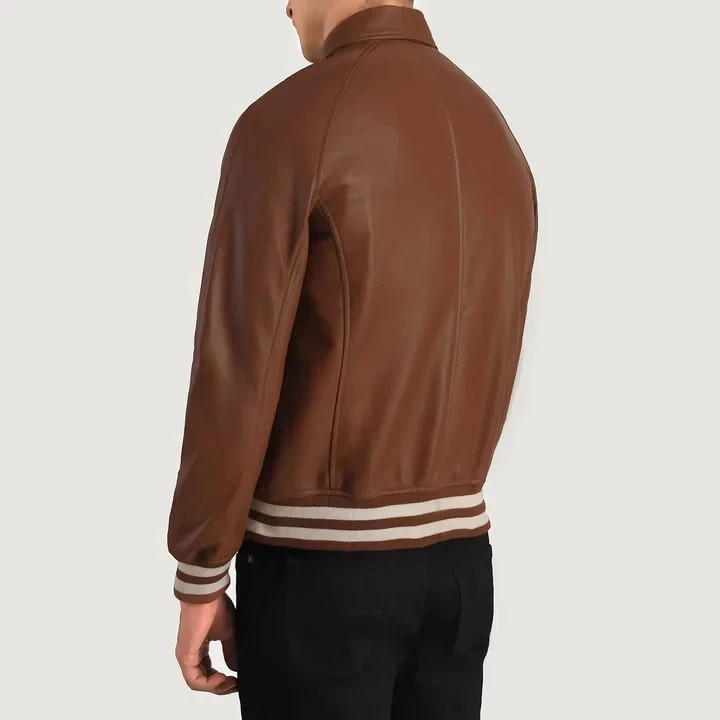 Men’s Brown Bomber RAF Jacket Real SheepSkin Leather Jacket Classic Varsity Coat