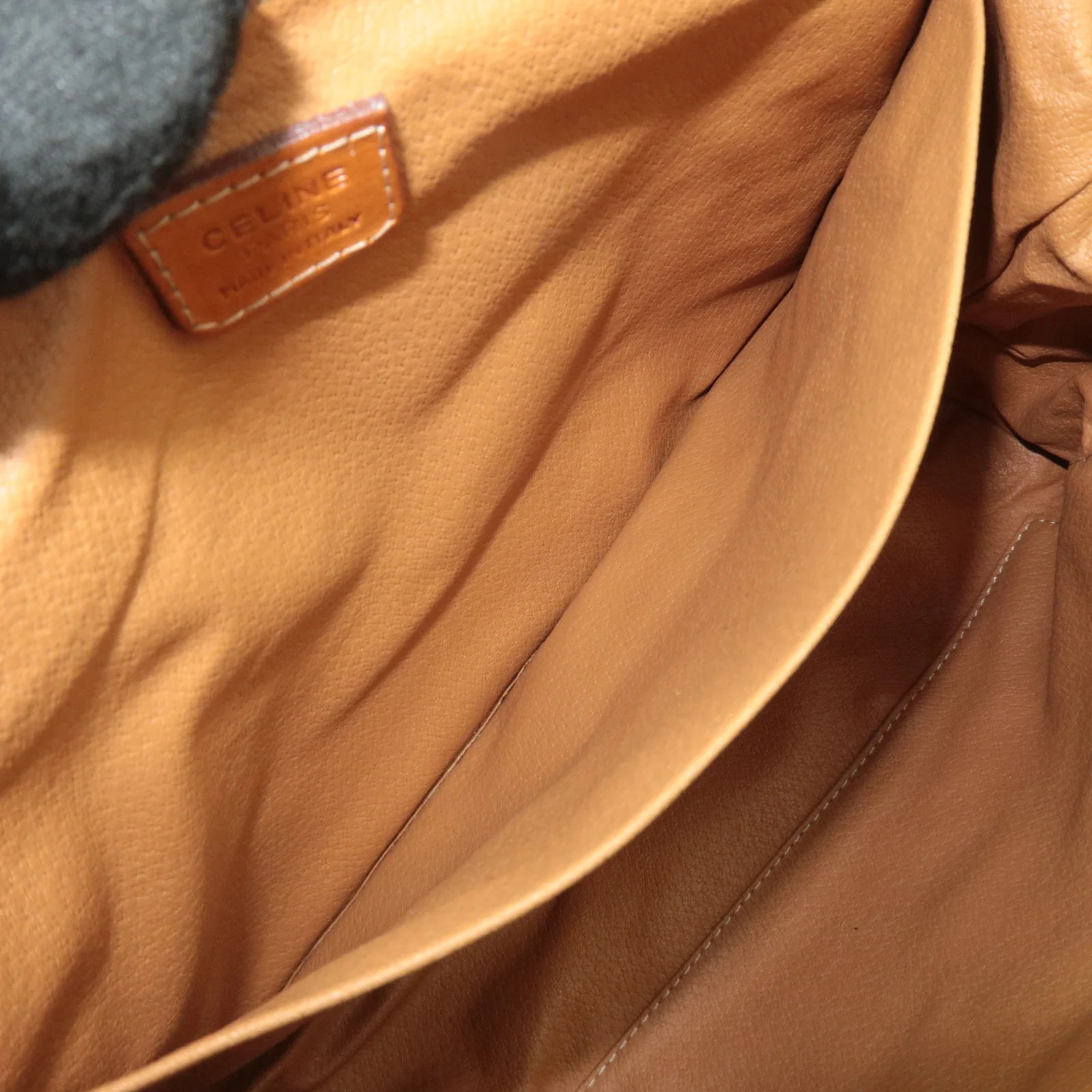 CELINE Macadam PVC Leather Cosmetic Pouch Brown Gold HDW Authentic