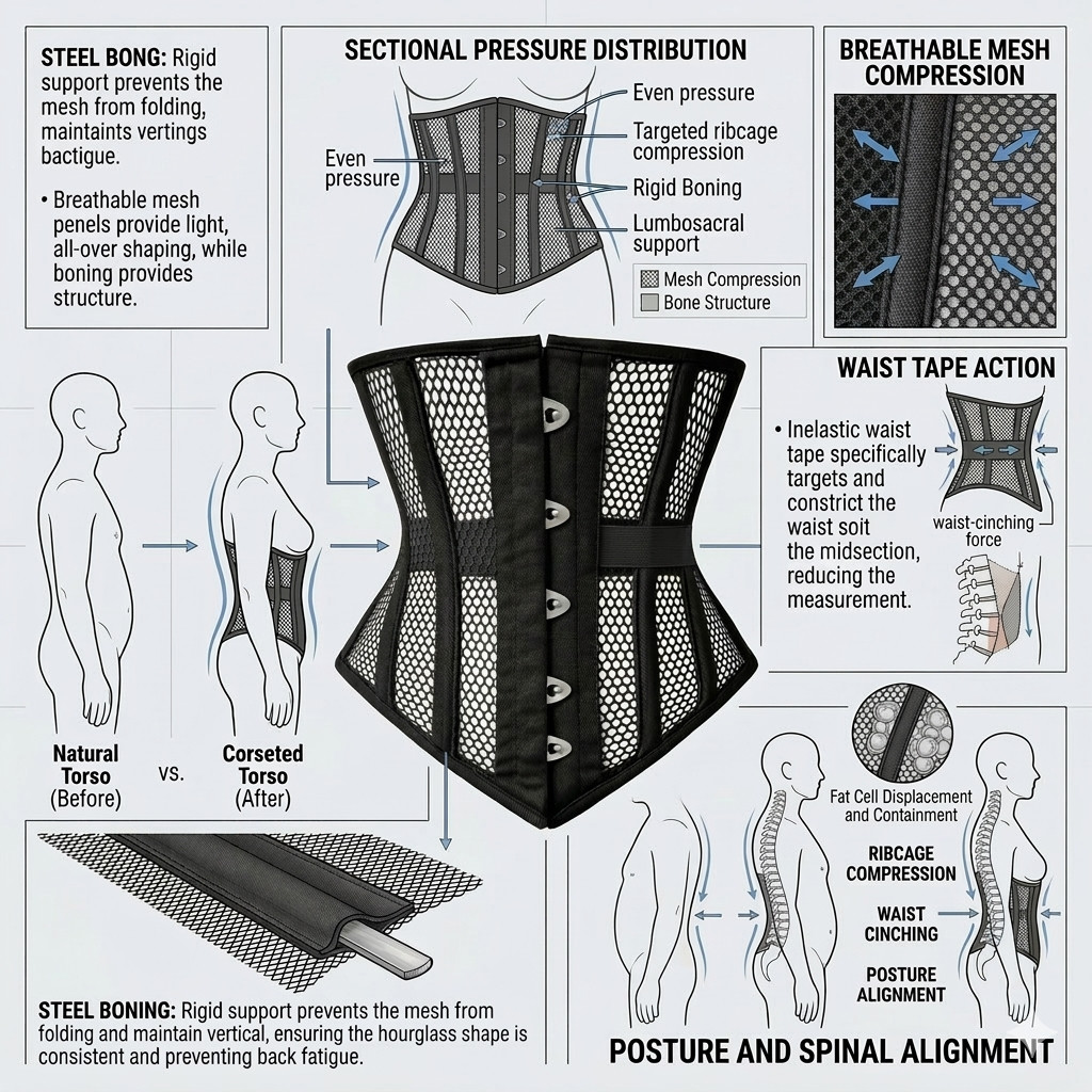 Mesh Underbust Corset Waist Trainer Steel Boned Breathable Cotton Shaper