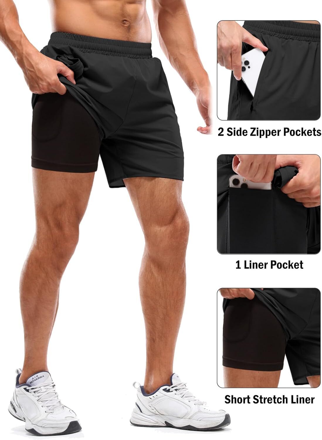 Men’s 2 in 1 Running Shorts Quick Dry Workout Athletic Outdoor Sports Gym Shorts