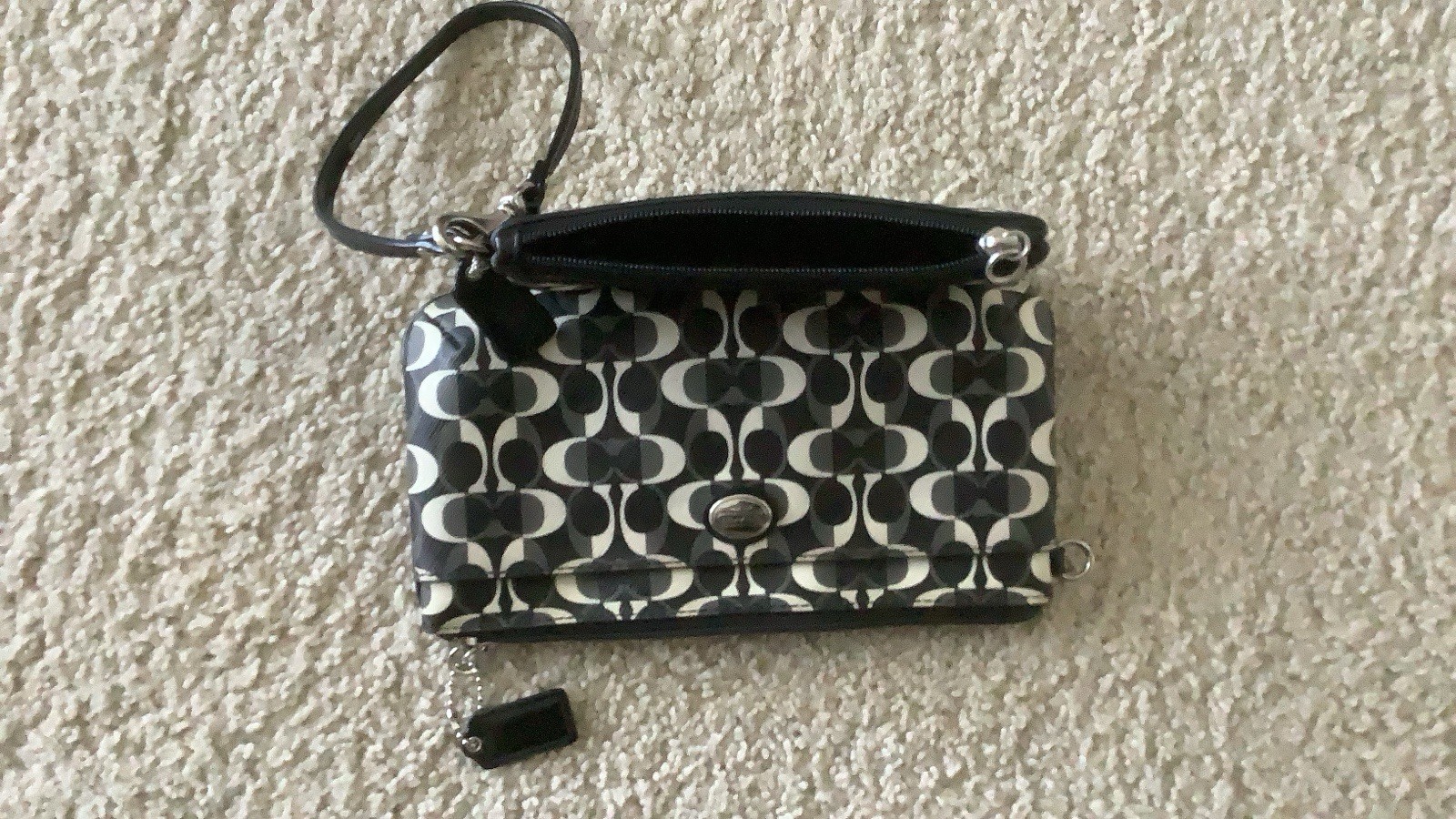 Coach Logo Wristlet Wallet Black White Gray Zip Wrist Strap Card Organizer