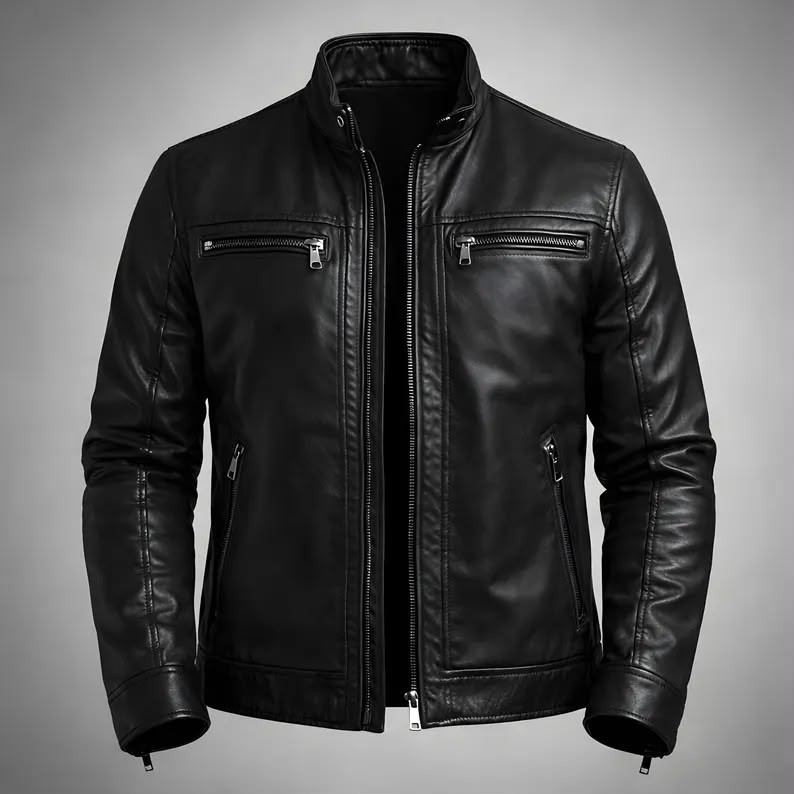 Men’s Black Leather Jacket Motorcycle Biker Zip Up Casual Slim Fit Coat