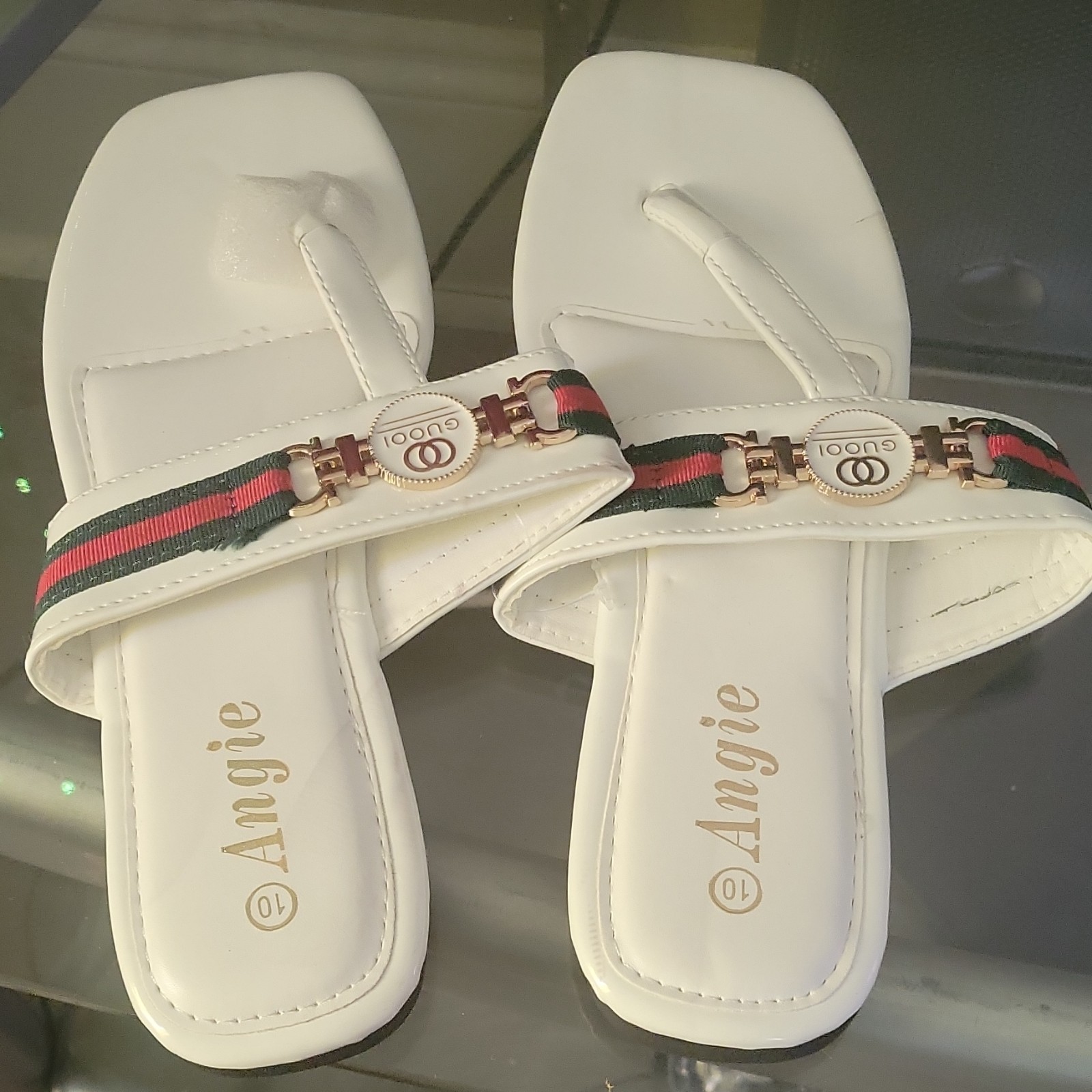 Angie Slip-On Slide Sandals Thong Strap Striped White Red Green Black