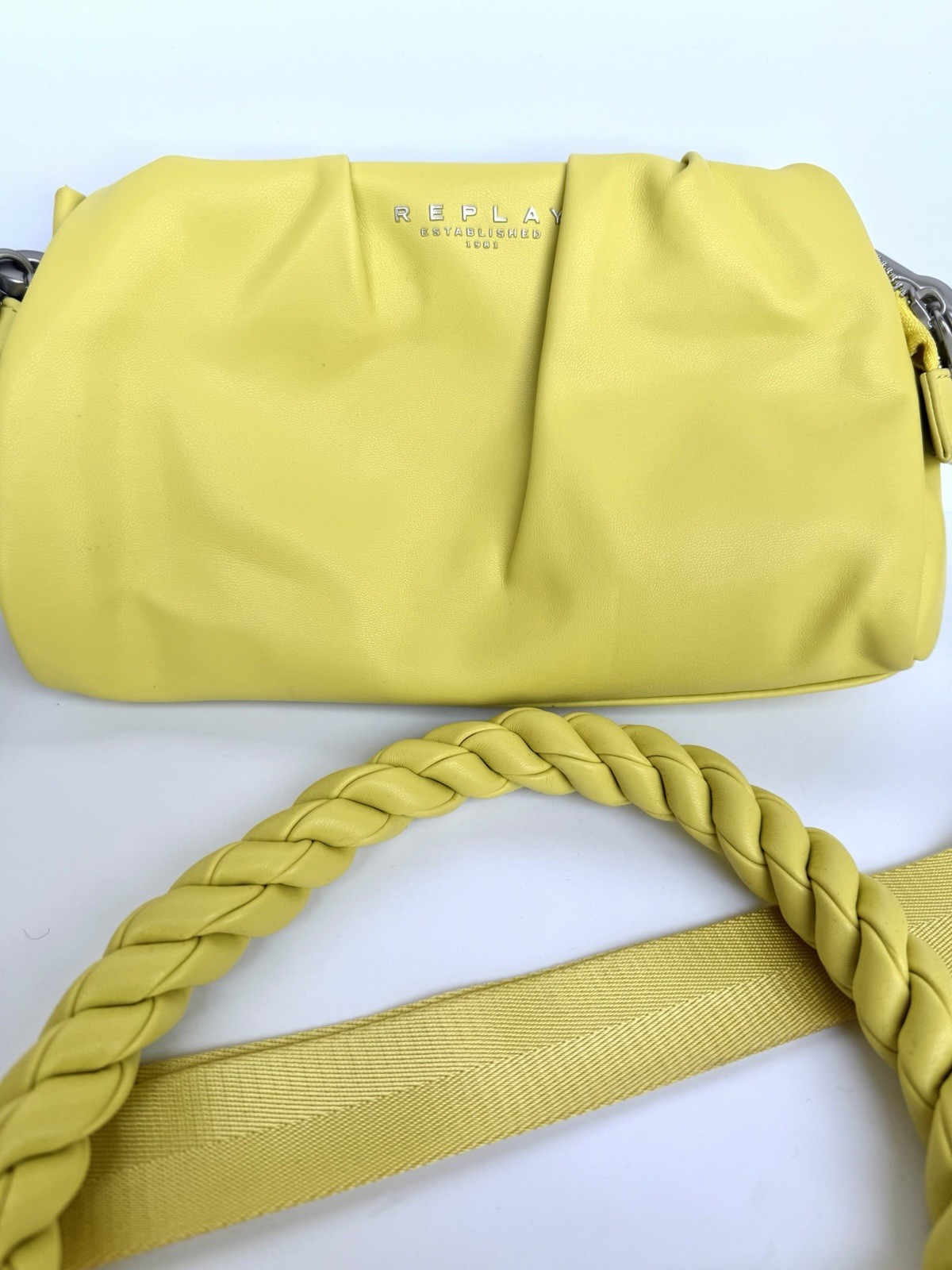 REPLAY Yellow Small Crossbody Bag, Zip Closure, Detachable Braided Strap
