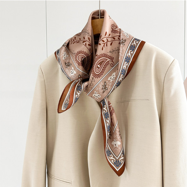 100% Silk Mulberry Shawl 26” Bandana Beige lace Print Neckerchief Scarf Wrap