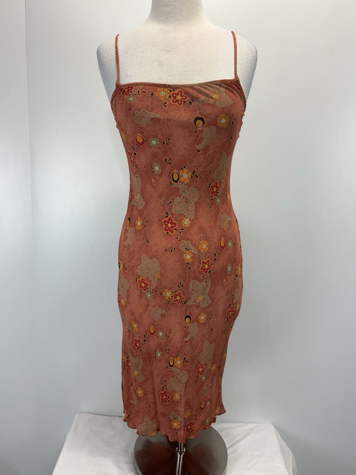 Vtg Y2K İZ Buyer Midi 7 Slip Dress Floral Forest Fairy Grunge Brown High Lo