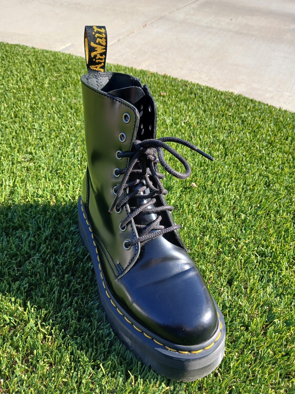 Dr. Martens Black Leather Platform Lace-Up Side Zip Boots + Cream