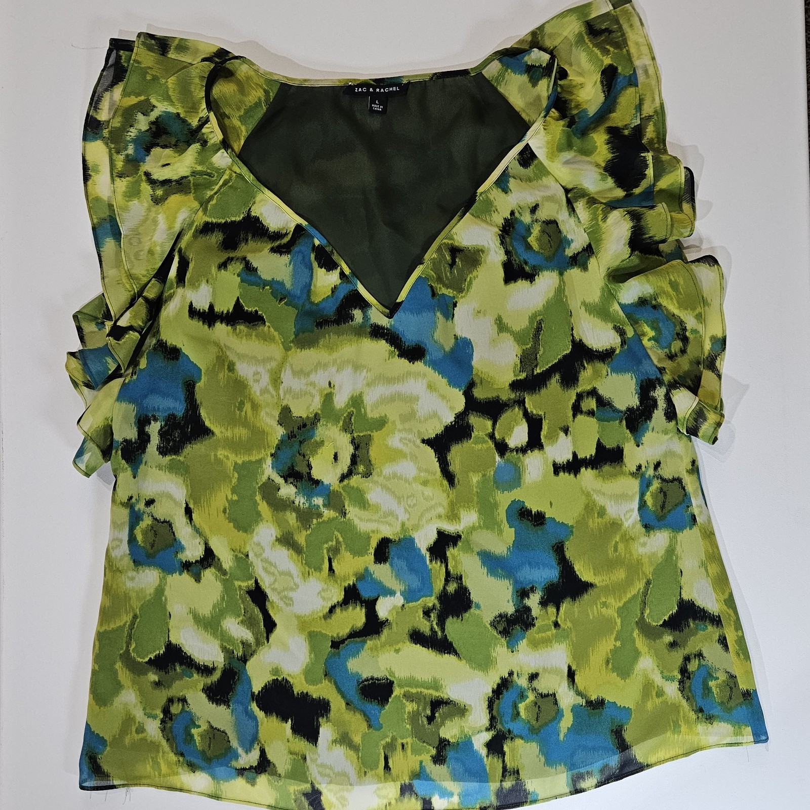 Zac & Rachel Blouse Womens Large Green Blue Floral Lightweight Cottagecore