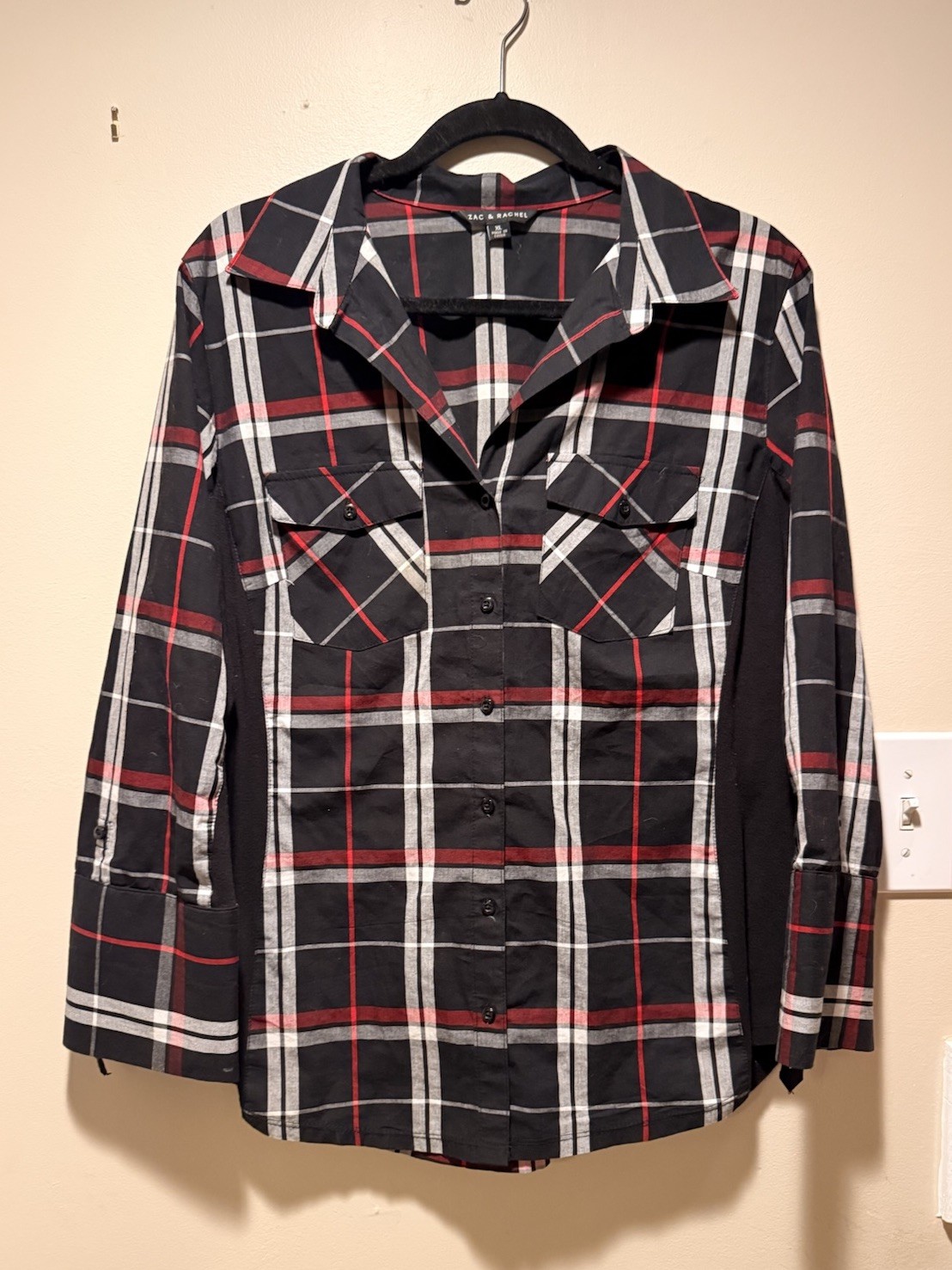 Women’s Button-Up Black Red/White Plaid Shirt 3/4 Length Sleeve Knit Sides XL