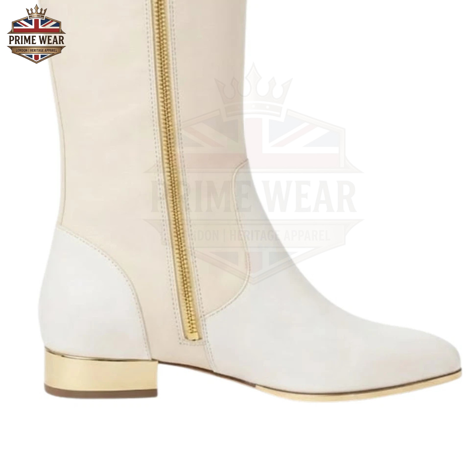 Womens Ivory Genuine Leather Knee High Riding Boots Gold Zip Buckle Equestrian