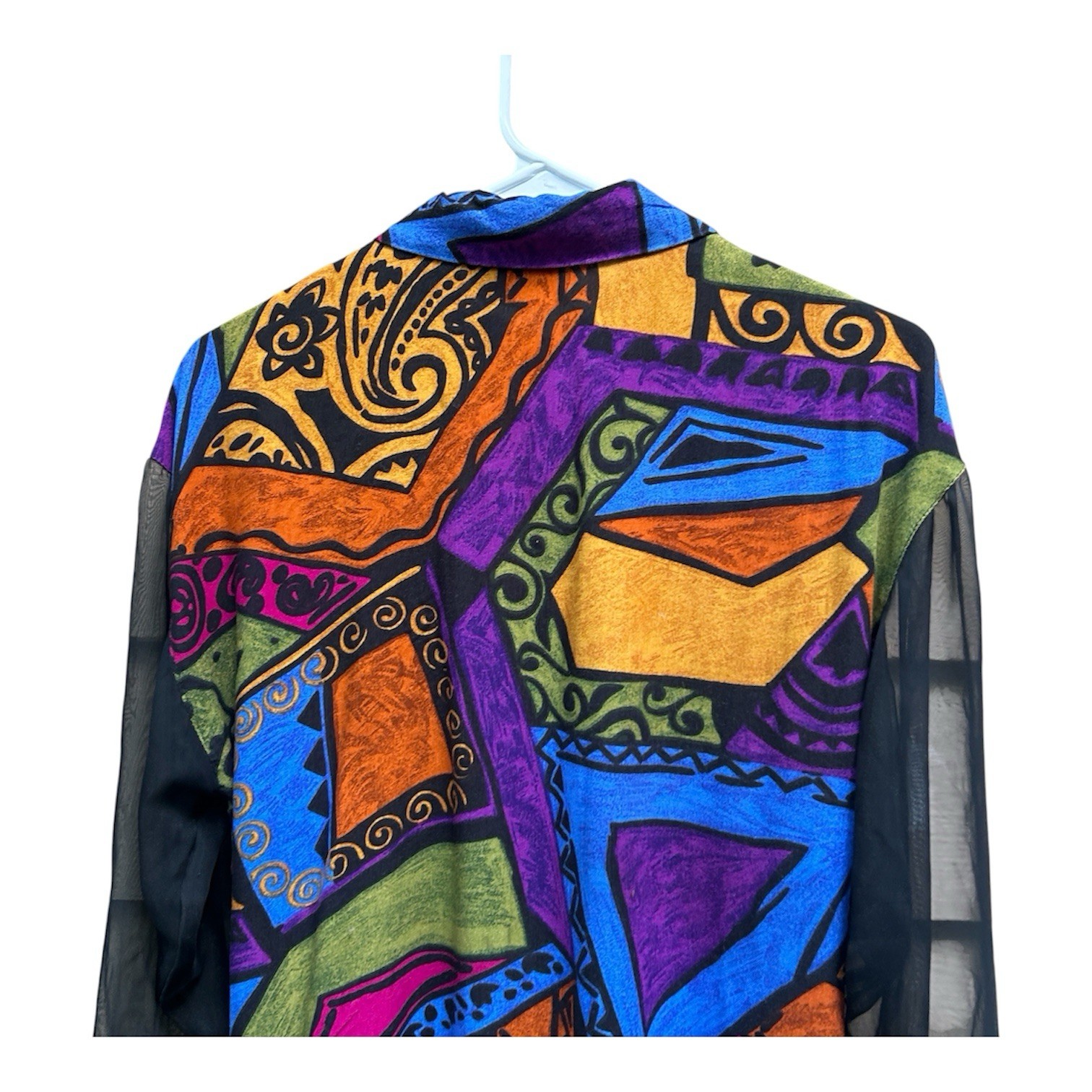 90s Vintage Marine West Jewel Tone Abstract Print Sheer Sleeve Button Up Blouse