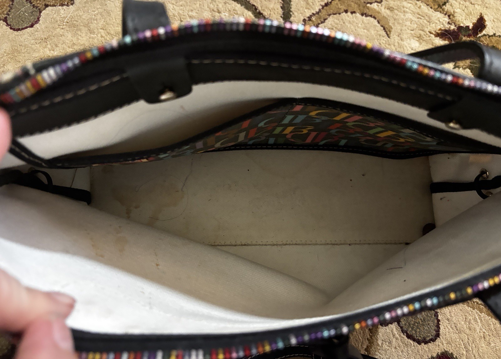 Dooney and Bourke Multi Color DB Monogram Black Canvas Tote Bag Heart Charm