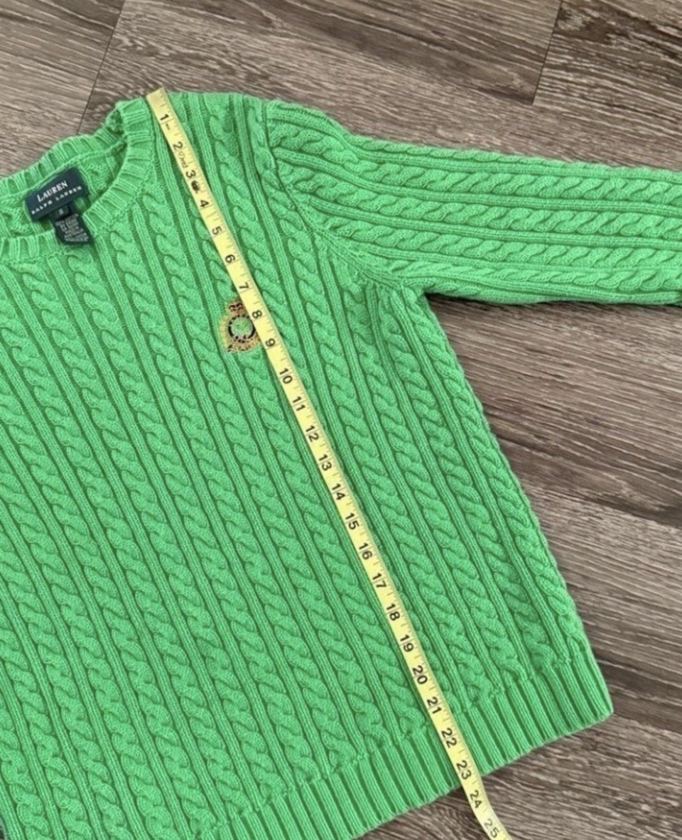 Lauren Ralph Lauren Green Cable-Knit Crew Neck Pullover Cotton Raglan S