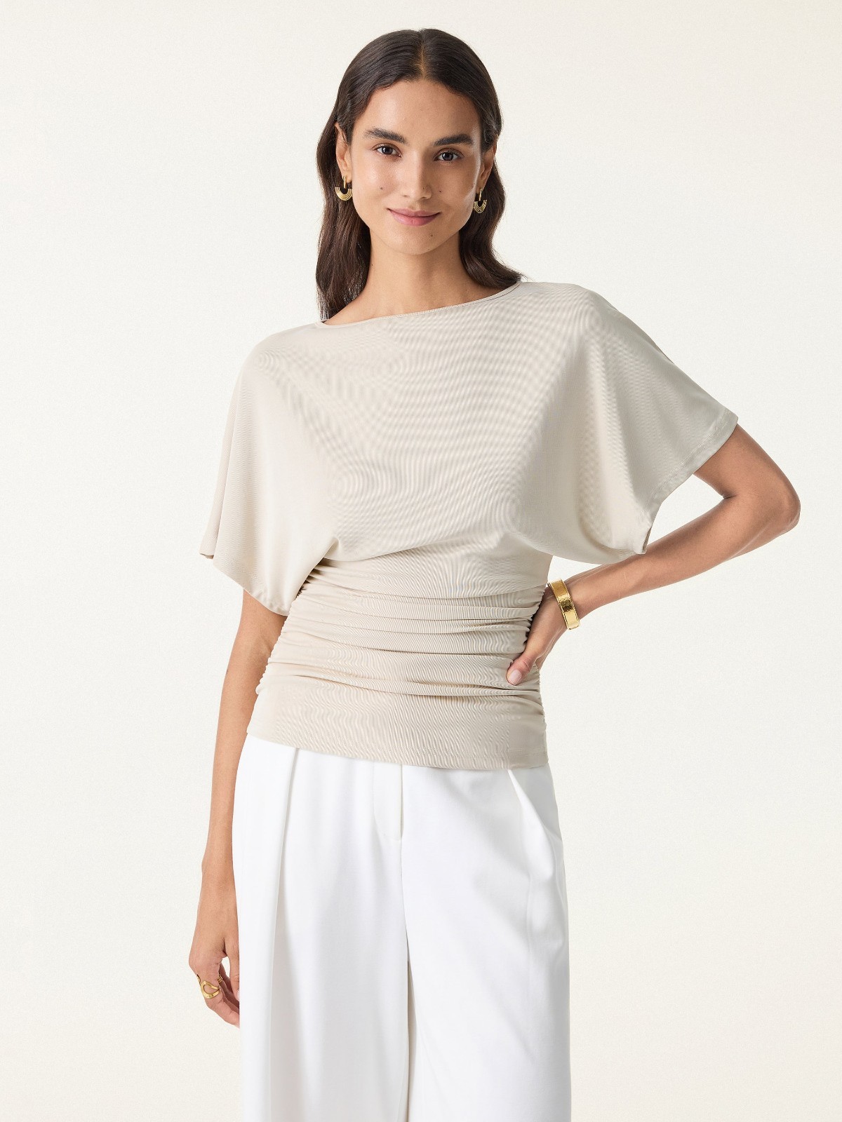 OGL Effortless Boatneck Batwing Sleeve Side Ruched Top,Morning Mist, Freeship US