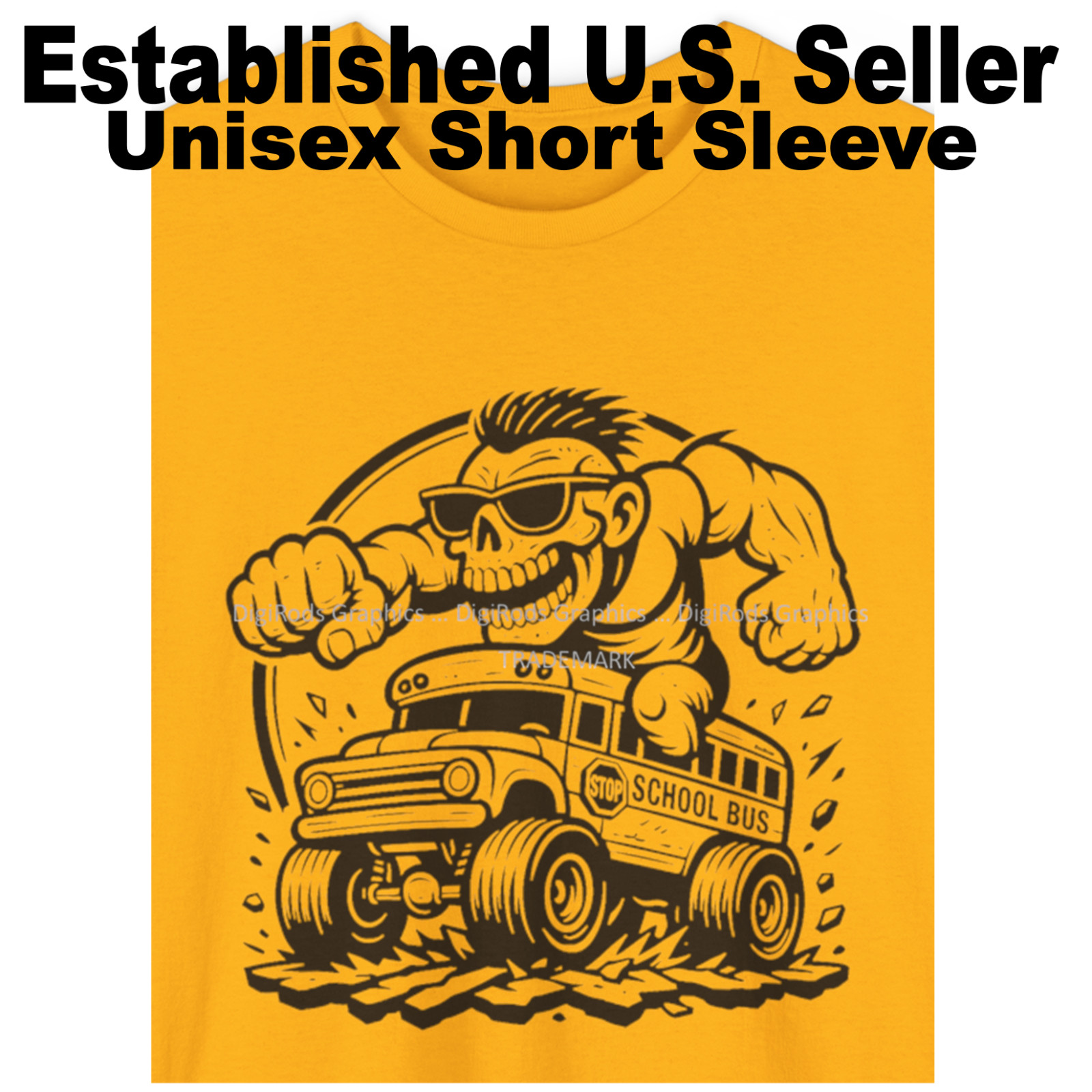 DigiRods Zombie Crazy Hot Rod School Bus Driver Cartoon Car Gold T Shirt