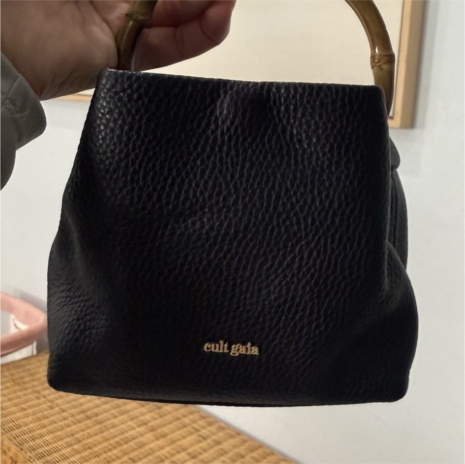 Cult Gaia Solene Mini Top Handle Bag Black Pebbled Finish Bamboo Handle Strap