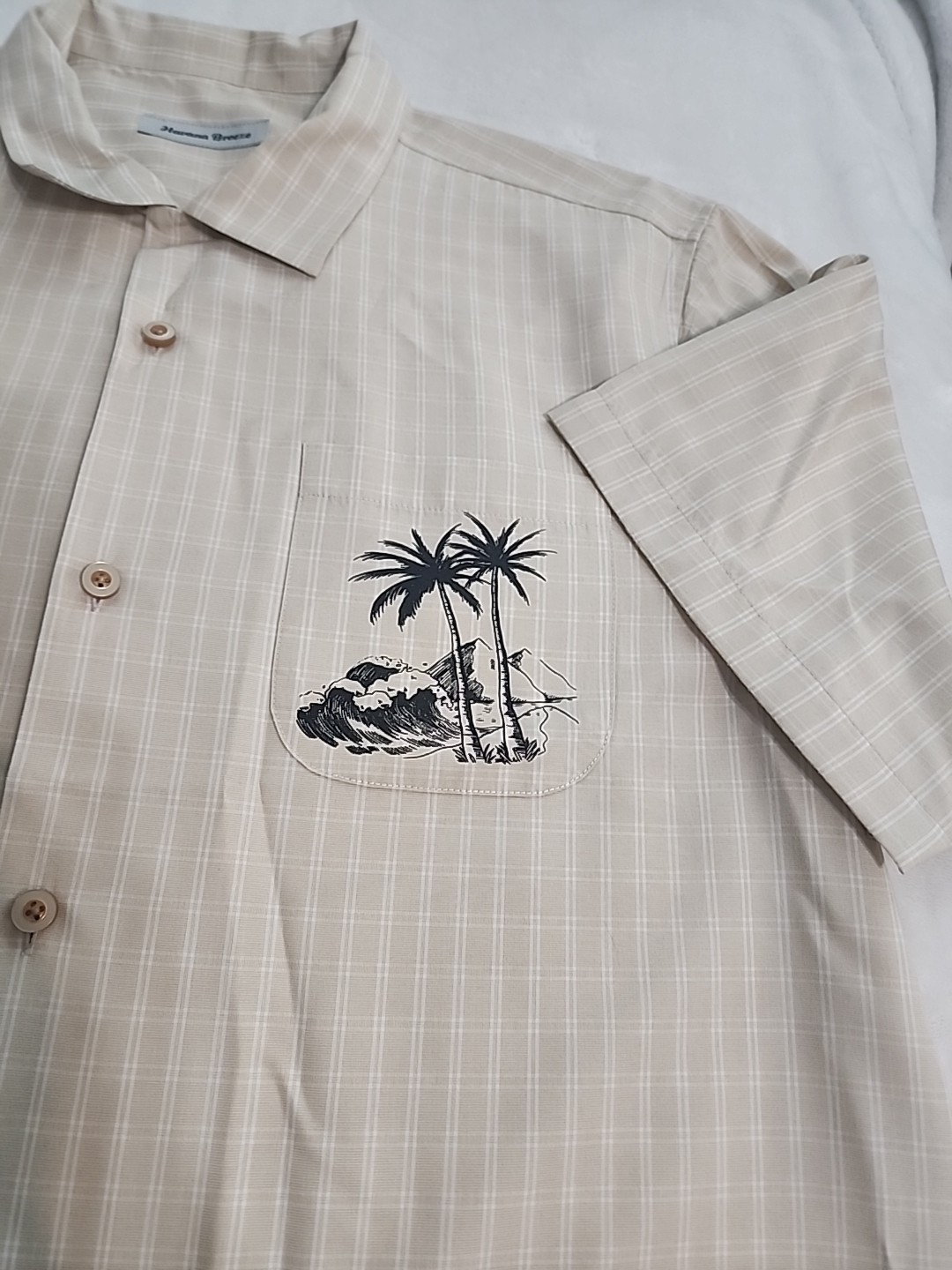Havana Breeze Men’s L Beige White Plaid Beach Party Hawaiian Aloha Shirt Cruise