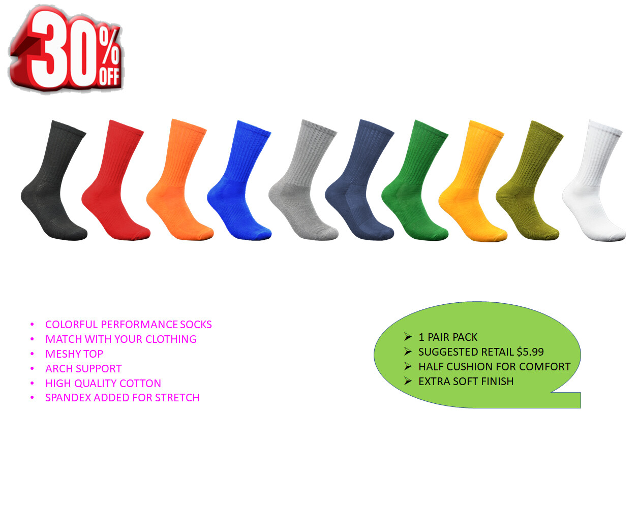 Men’s Athletic Running Cushion Moisture Cotton Wicking Athletic Crew Socks, Lot