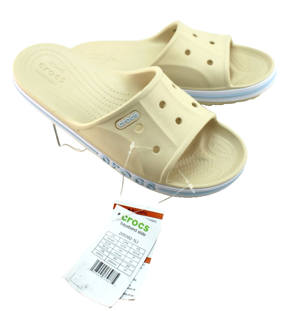 New CROCS Women’s 6 Bayaband Vanilla Cream /Blue Raised Crocs Logo Slide Sandals