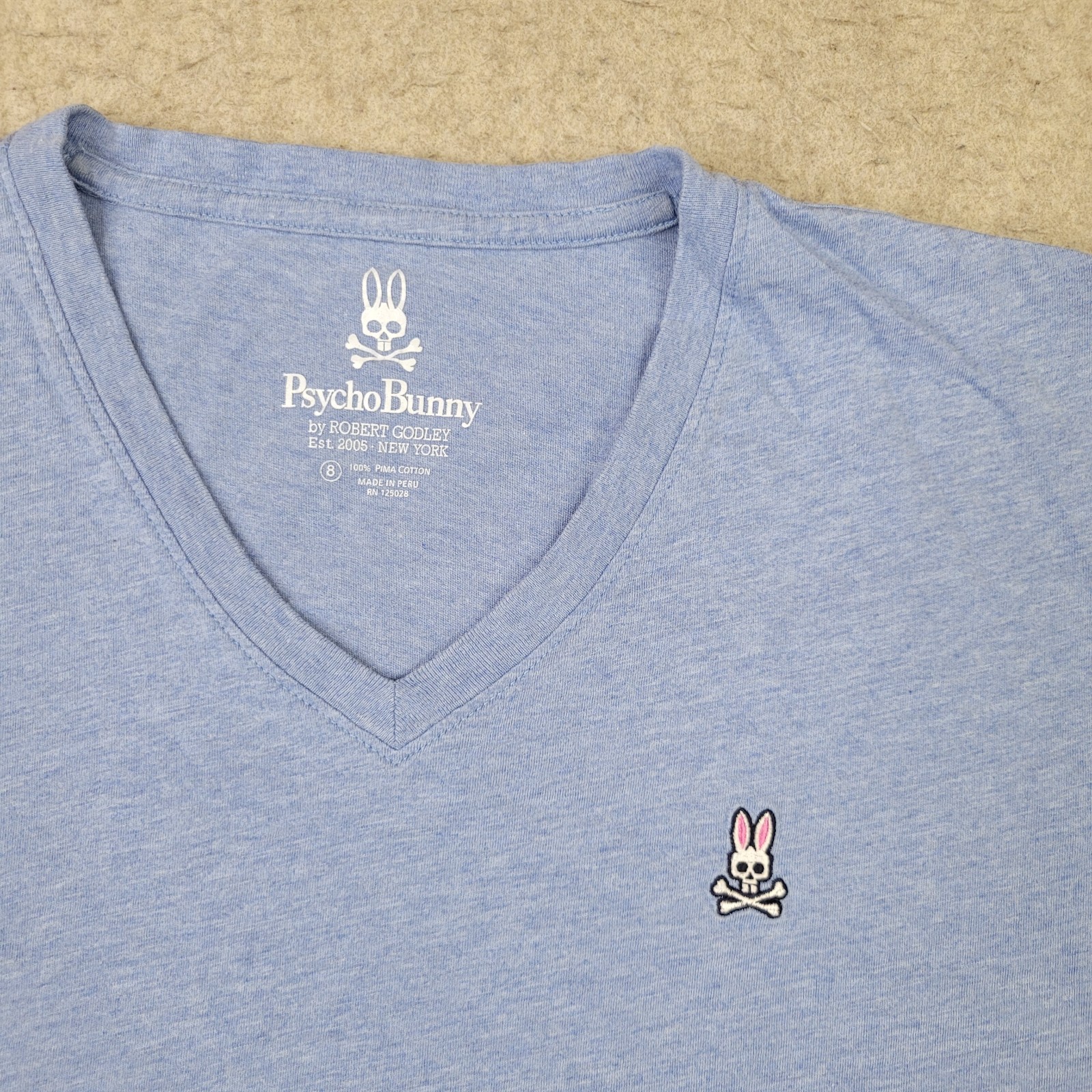 Psycho Bunny V Neck Shirt Mens L Size 8 Blue Heathered Pima Cotton Logo