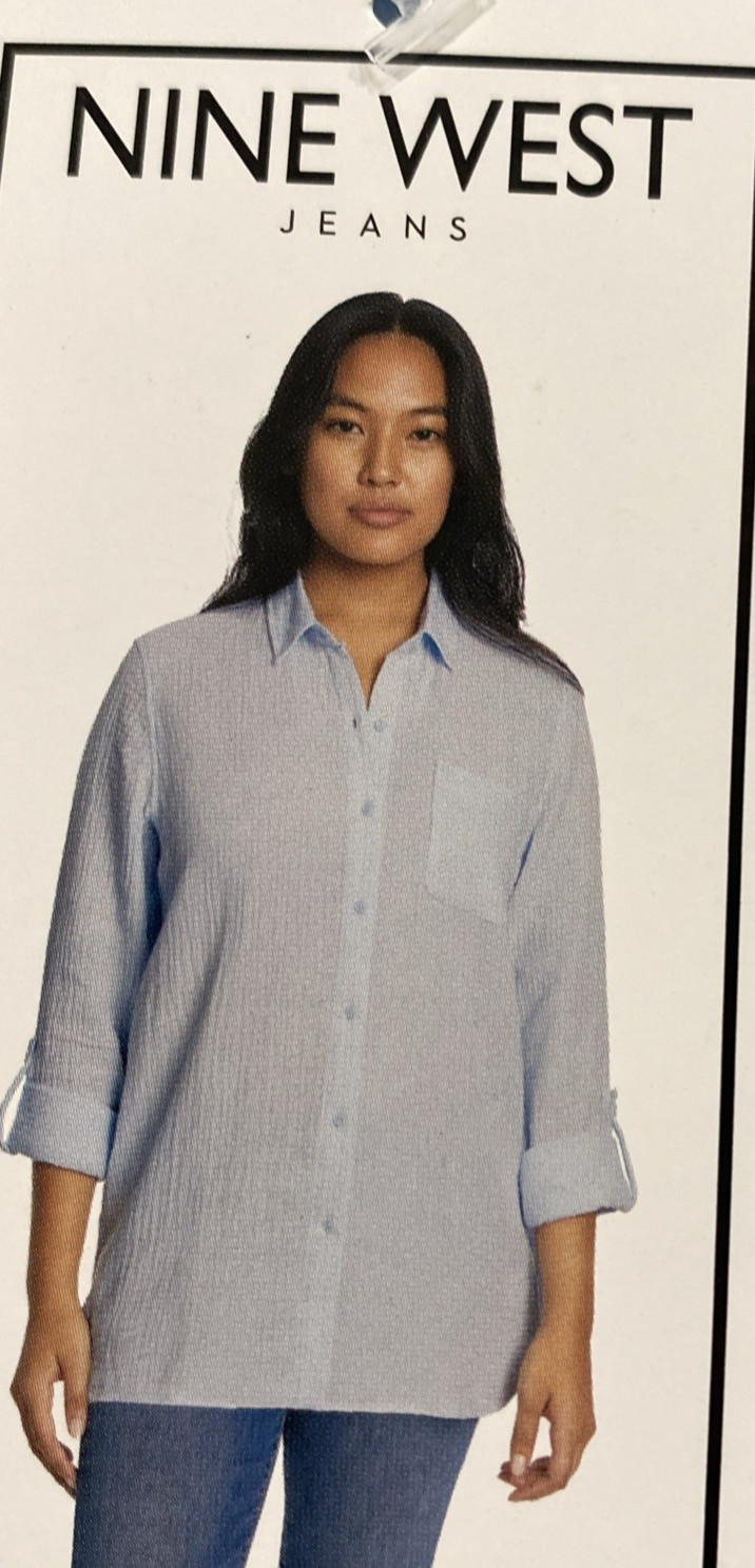 NWT Nine West Long Sleeve Chest Pocket High Low Hem Double Gauze Button Up