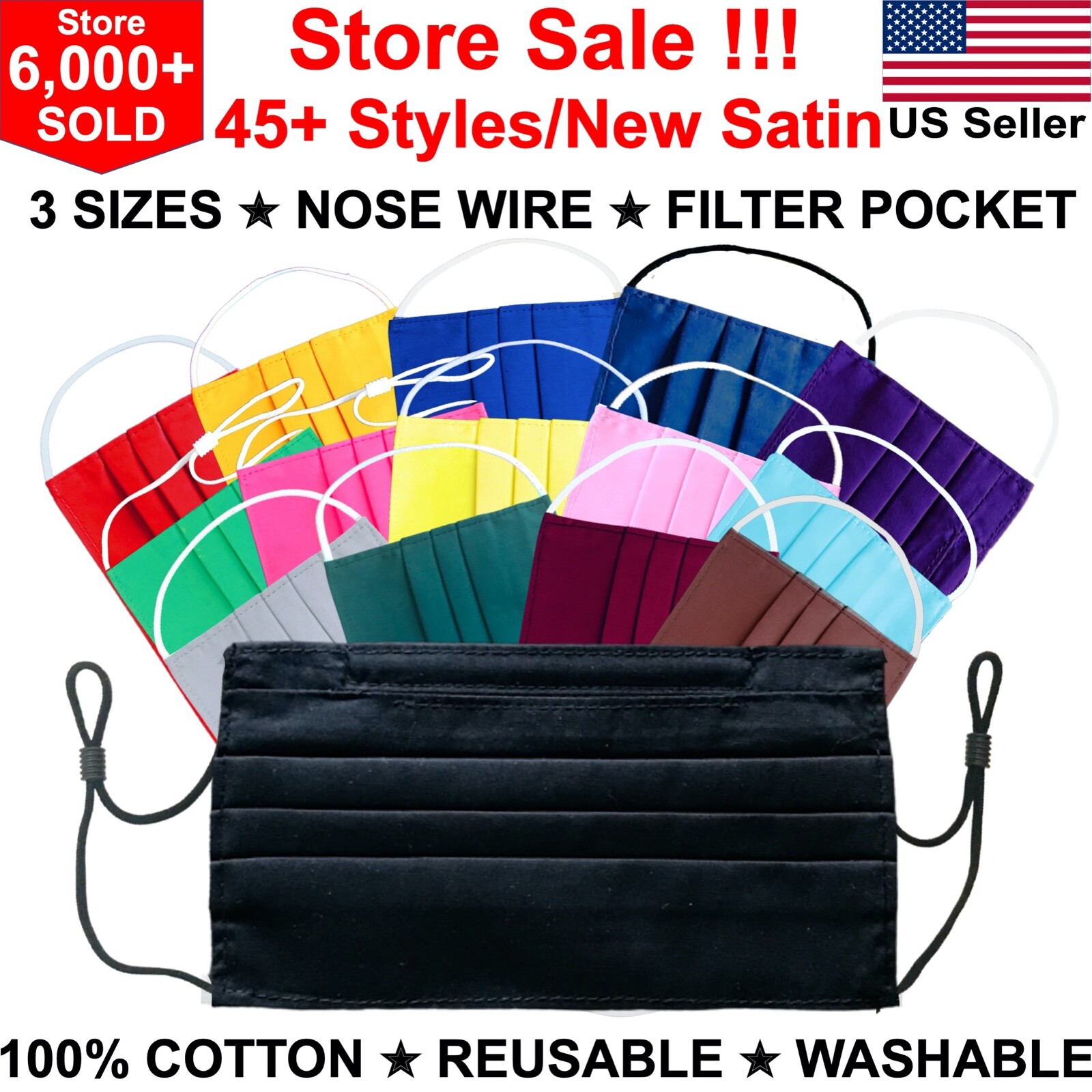 Black Face Mask Washable Reusable with Nose Wire with Filter Pocket Cotton Satin