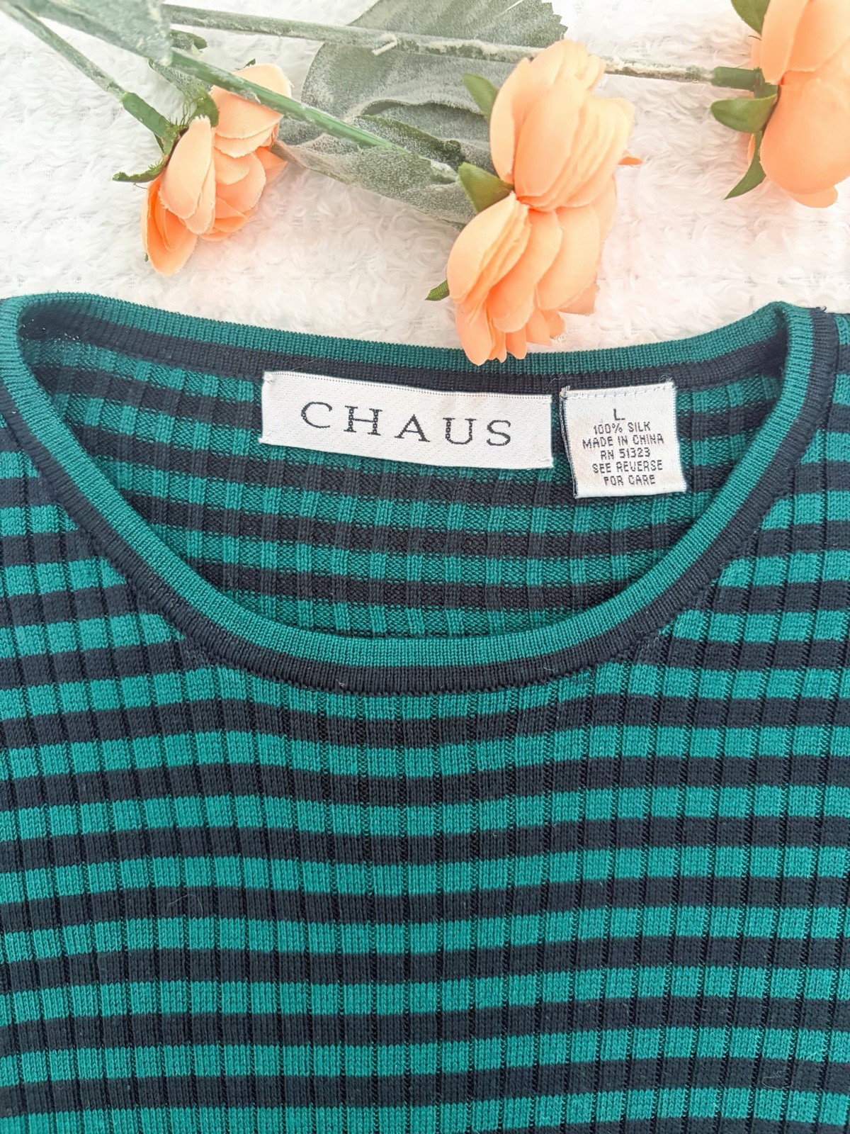 Chaus Green Black Striped Silk Ribbed Knit Crew Neck Pullover Sweater L