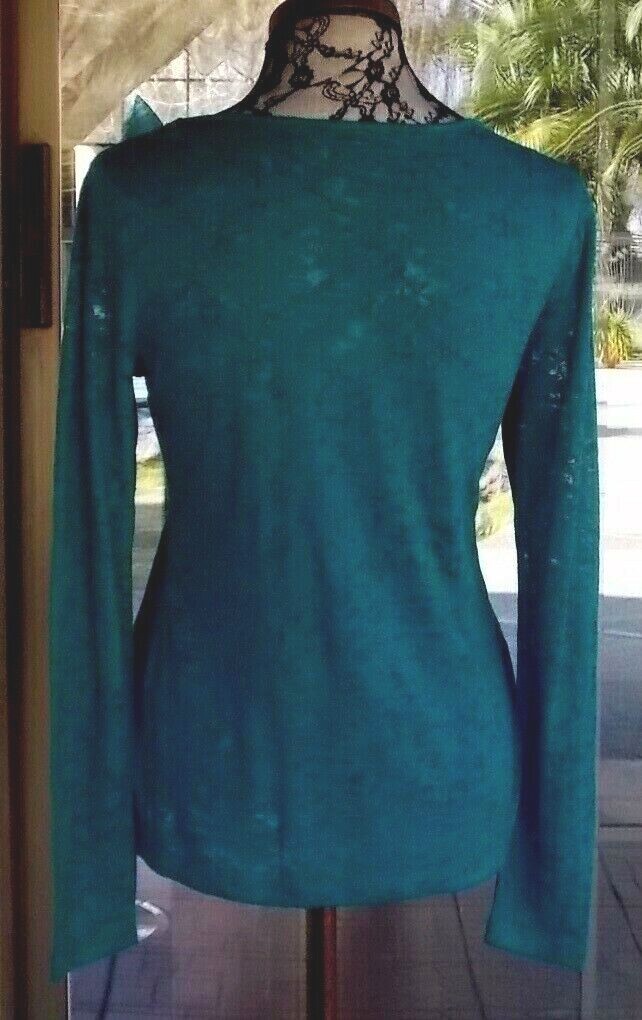 Long Sleeve Green Burn Out Elle Ruffle Neck Shirt Sz. S 36″ Bust