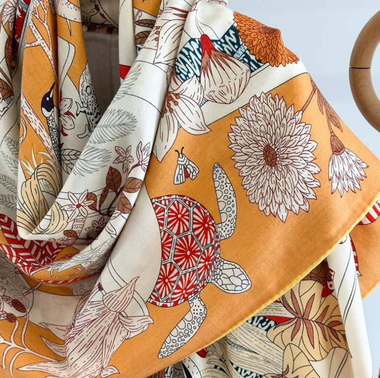 70% Cashmere 30% Silk Wrap Scarf garden Print Double Face Print Shawl 135X135cm