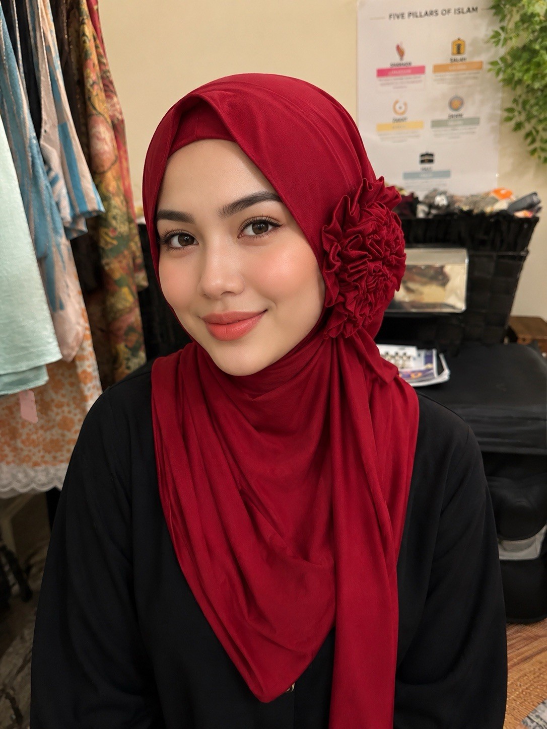 Women’s Red Solid Jersey Polyester Hijab Headscarf Wrap with Ruffle Accent