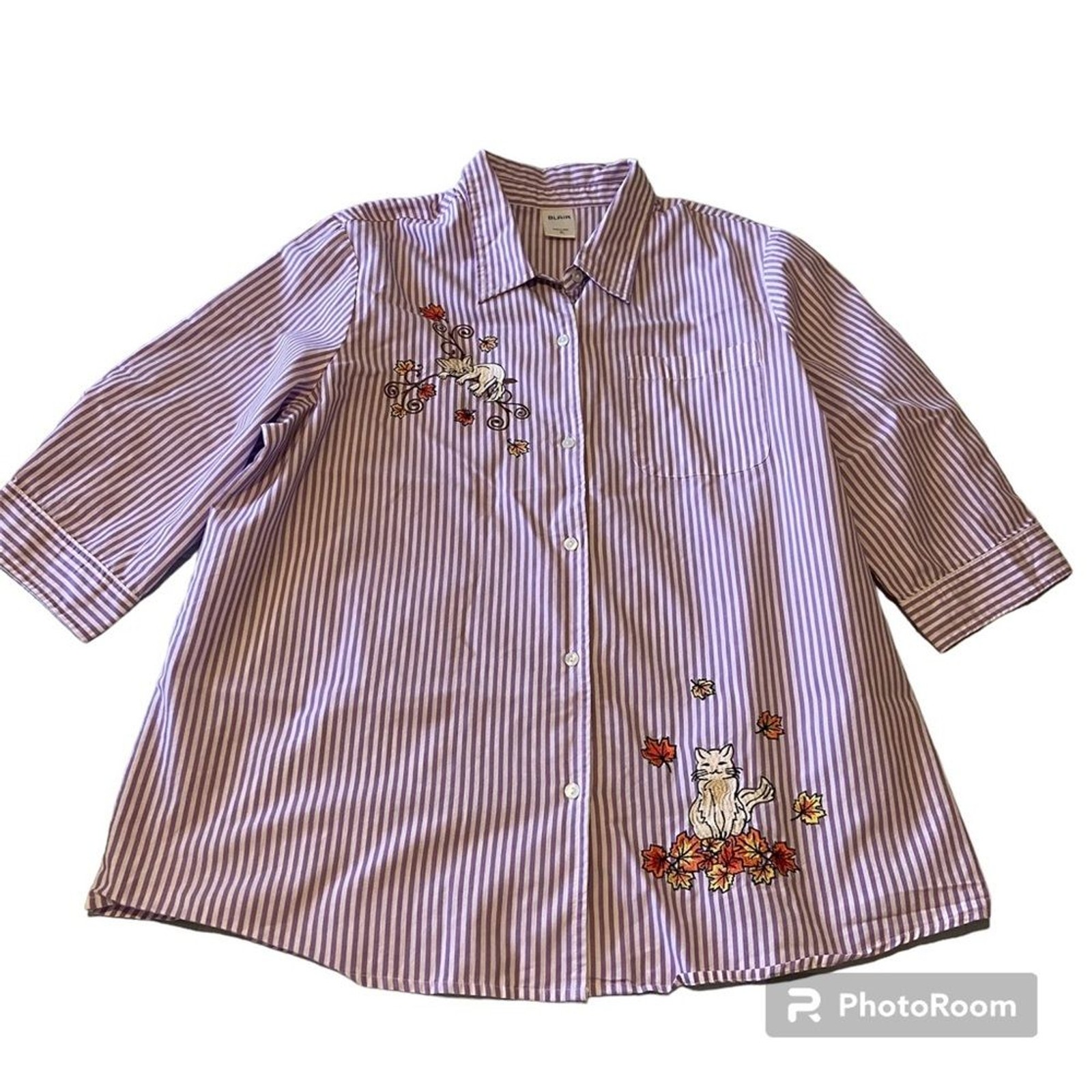 Blair Cat Pinstriped Shirt 3/4 Sleeve Oversized XL Lavender Kitty Leaves Teacher