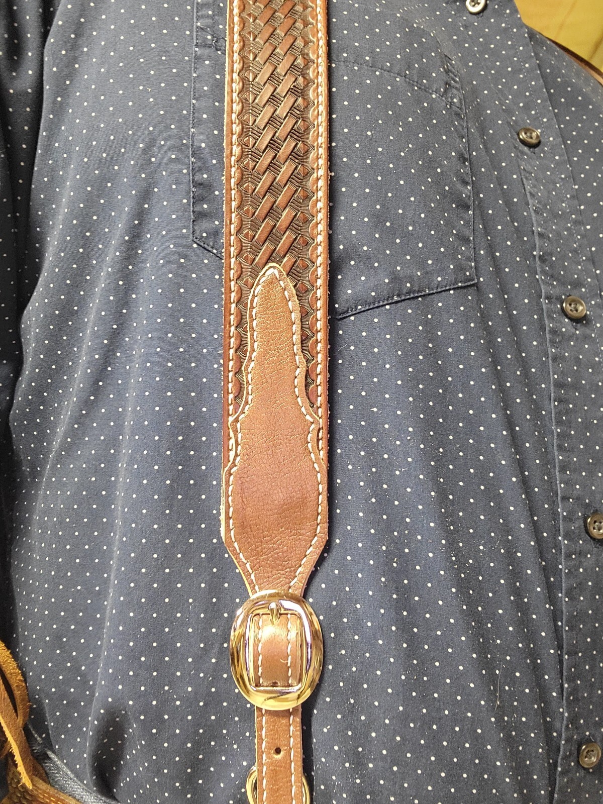 Leather Cowboy Western Suspenders Basket Weaved Stamped Hand Made In The USA