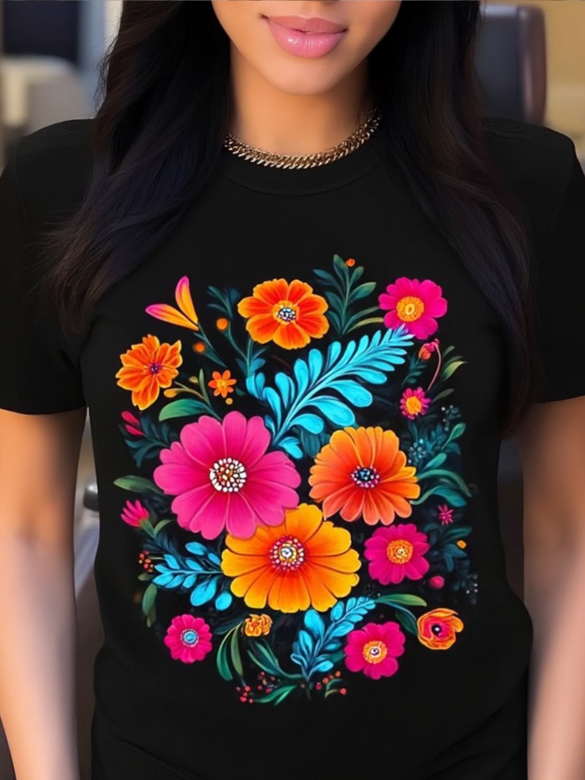 Women Mexican Floral Print T-Shirt Turquoise Hibiscus Casual Summer Crew Neck