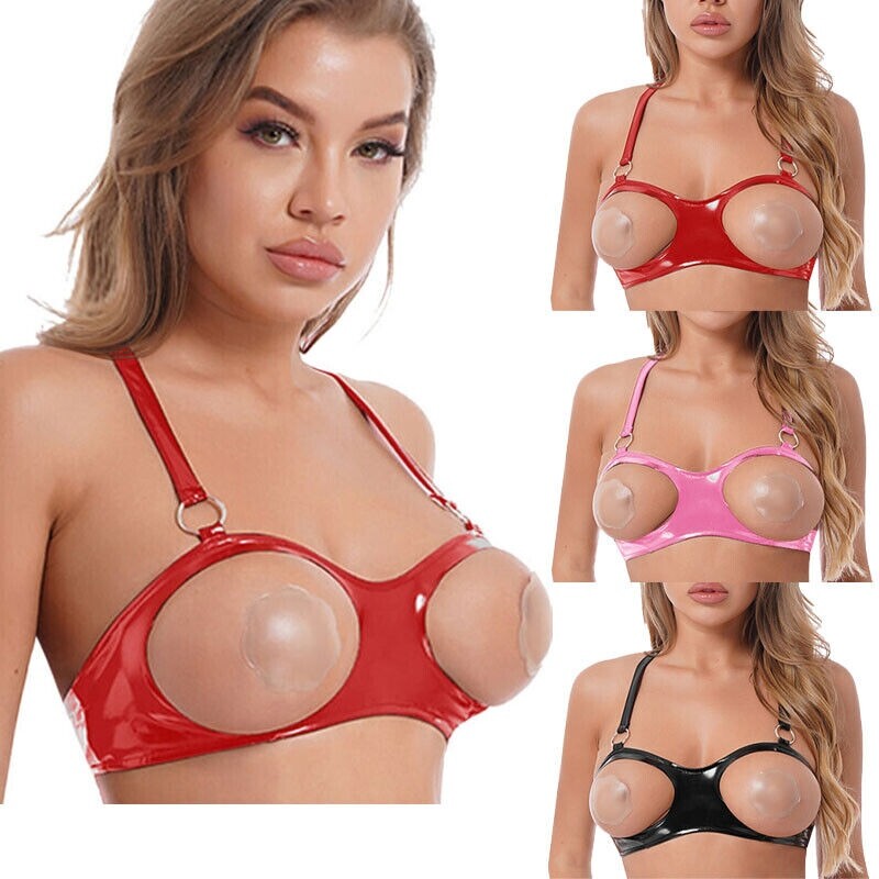 US Womens Sexy Open Nipple Patent Leather Bra Top with O Ring Bralette Lingerie