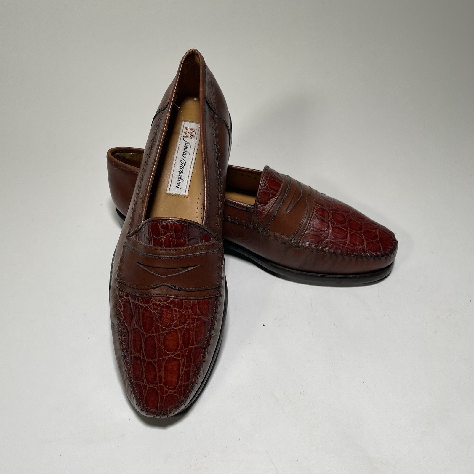Sandro Moscoloni Men’s Penny Loafers Brown Leather Crocodile Embossed Size 9.5