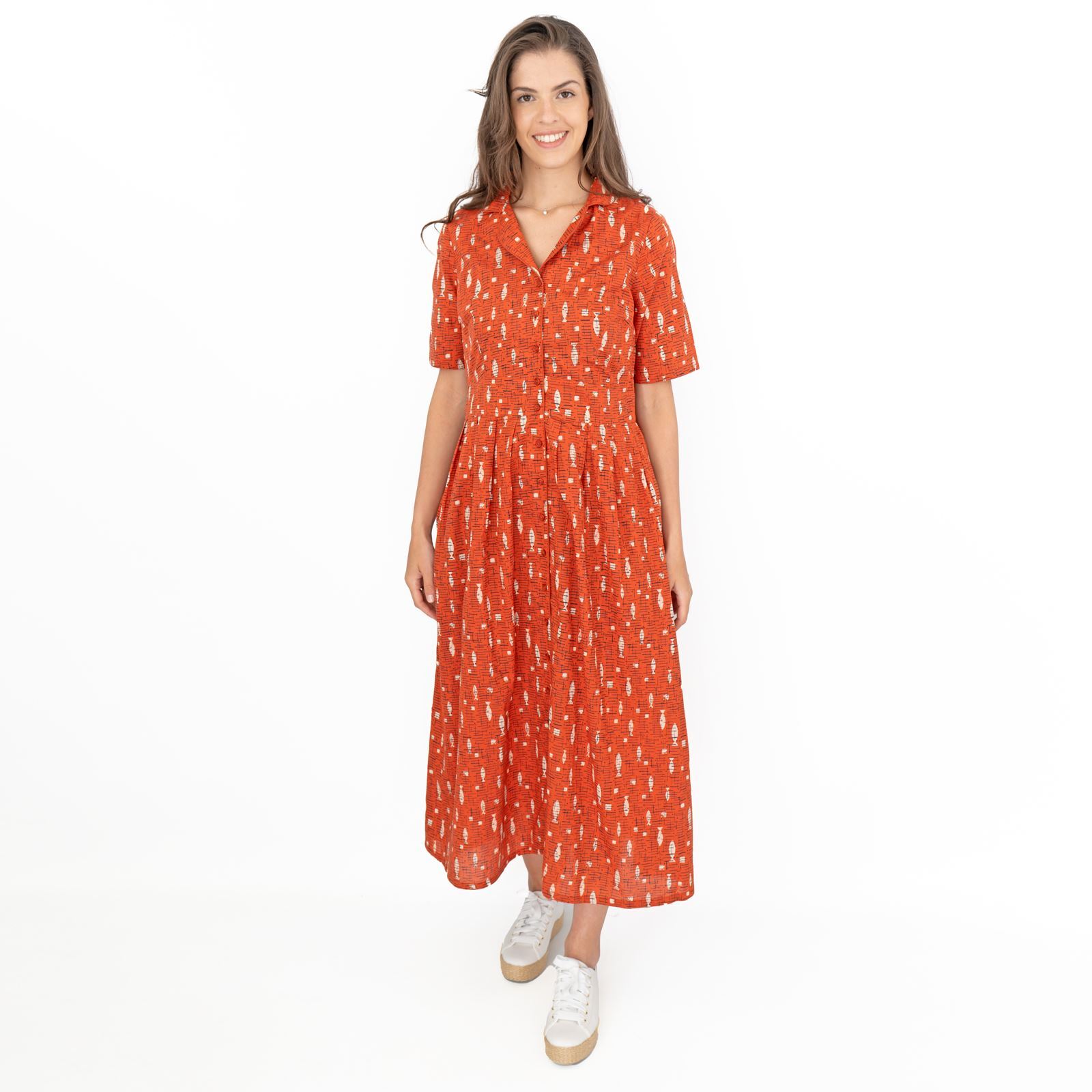 Seasalt Womens Dress Charlotte Fish Orange Cotton Midi Fit & Flare Pockets
